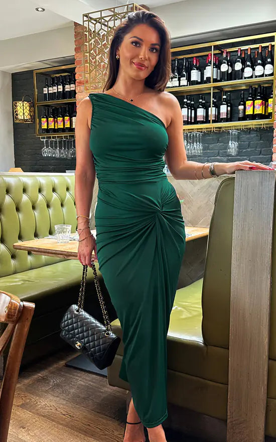 Special Savings Teal One Shoulder Knot Skirt Midi Dress