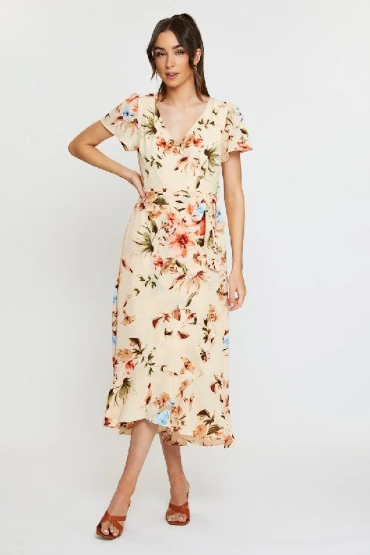 Low Prices Print Midi Dress Short Sleeve V Neck