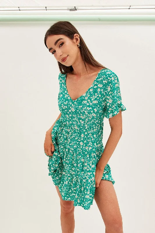 Final Clearance Floral Print Sun Dress Mini Short Sleeve V Neck