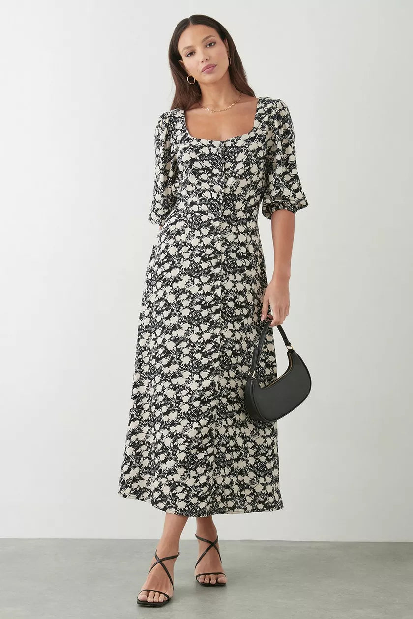 Last Chance Tall Mono Ditsy Floral Button Through Midi Dress