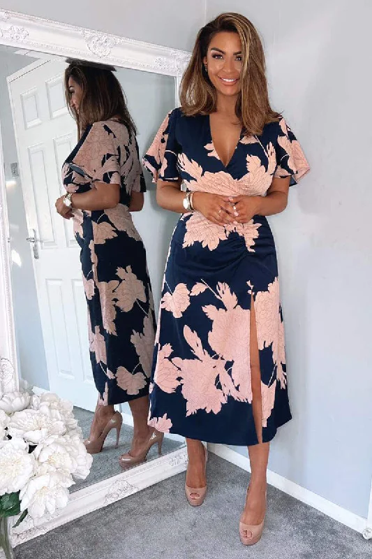 Holiday Sale Navy And Blush Floral Print Bell Sleeve Midi Dress