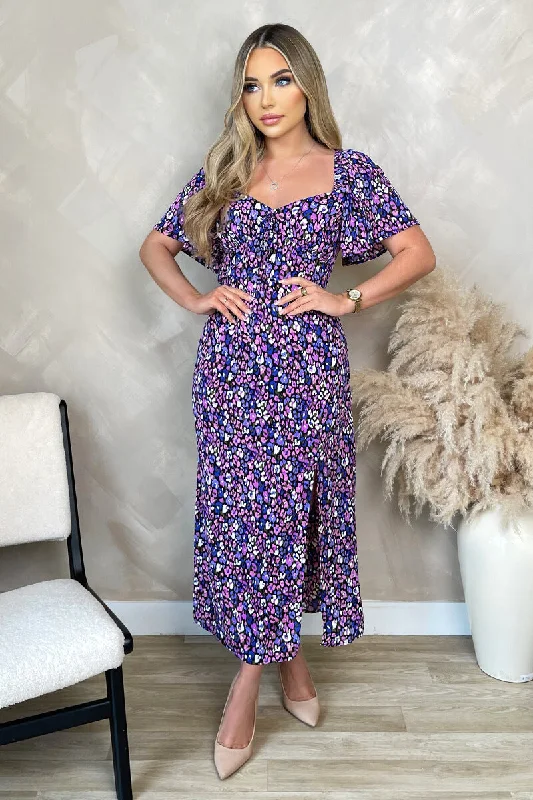 Steals and Deals Purple Animal Print Short Sleeve Tie Front Midi Dress