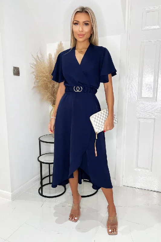 Early Bird Discount Navy Short Sleeve Belted Wrap Midi Dress