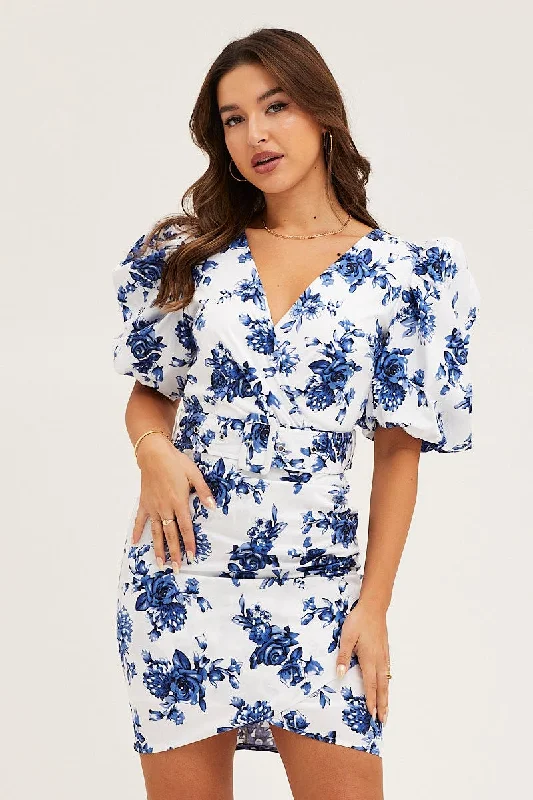 Price Drop Alert Print Mini Dress Short Puff Sleeve V-Neck Belted