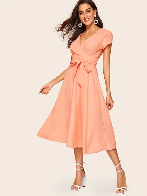 Act Now  60s Petal Sleeve Belted Fit & Flare Dress