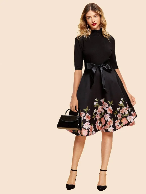 Discount Mania 50s Ribbon Tie Floral Print Flare Dress