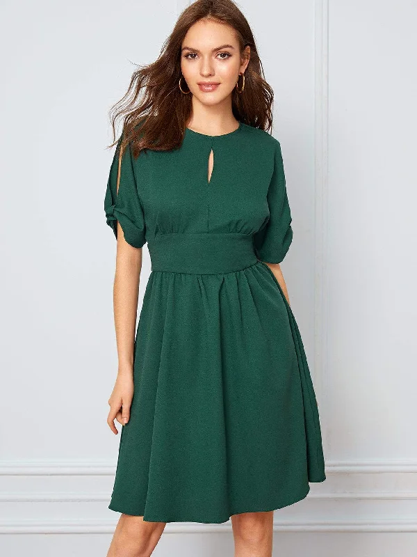 Limited Time Offer Keyhole Front High Waist Split Sleeve Flare Dress
