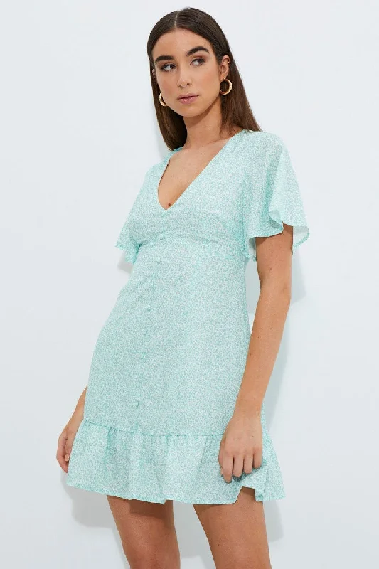 Price Reduction Print Print Bell Sleeve Frill Hem Dress