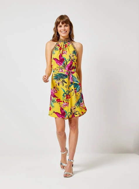 Instant Savings Yellow Tropical Print Tie Waist Dress
