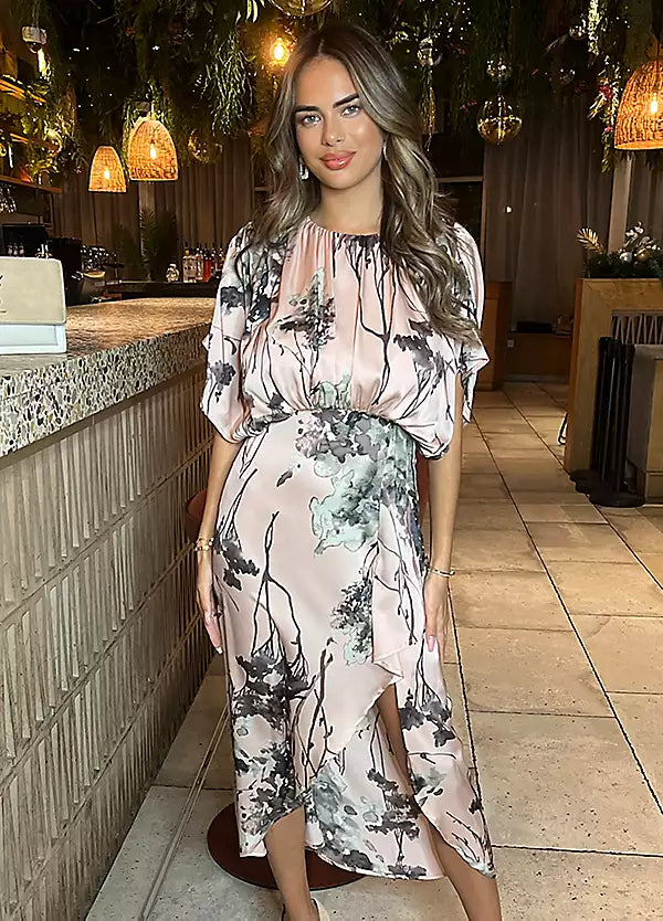 Exclusive Access Dusty Pink Printed Batwing Top Wrap Skirt Midi Dress