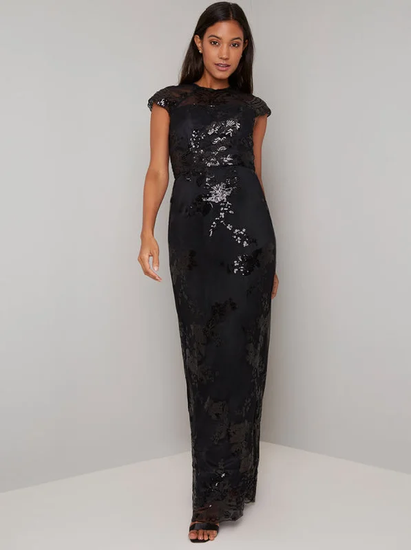 Price Drop Black Sequin Embellished Fish Tail Maxi Dress