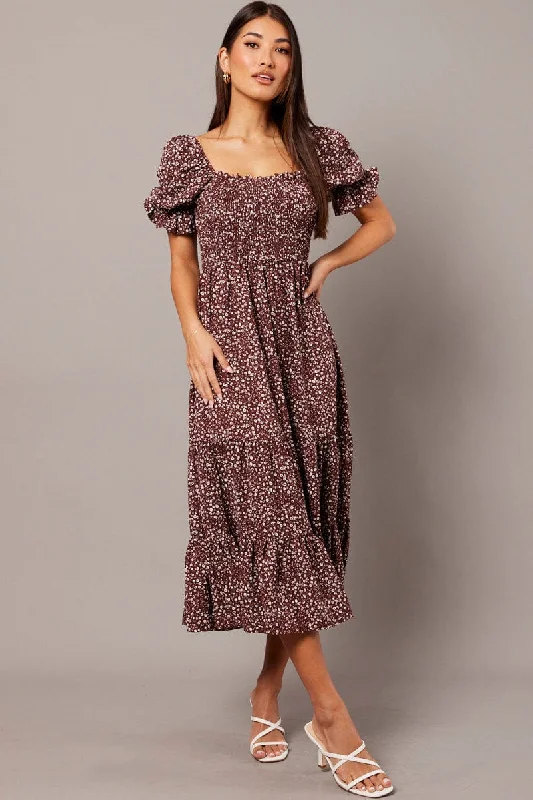 Buy Now Brown Ditsy Maxi Dress Puff Sleeve
