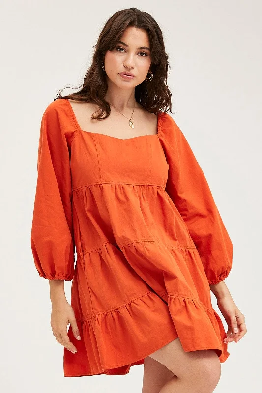 Final Clearance Brown Tiered Dress Long Sleeve Mini