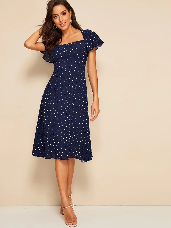 Seasonal Sale Heart Print Flutter Sleeve Tie Back Dress
