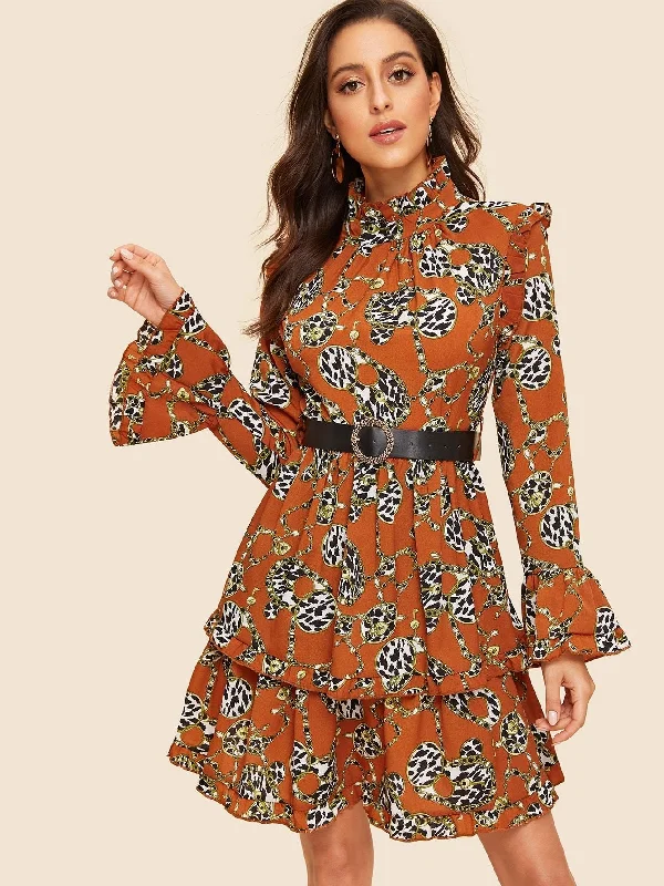 Don’t Miss Out Leopard & Chain Print Tiered Dress With Belt