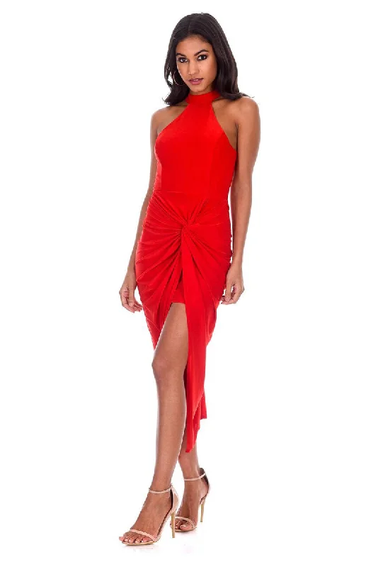 Markdowns Red Ruched Wrap Midi Dress