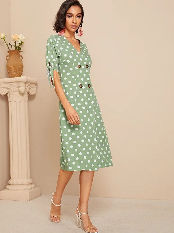 Big Discounts Knot Cuff Polka Dot Shirt Dress