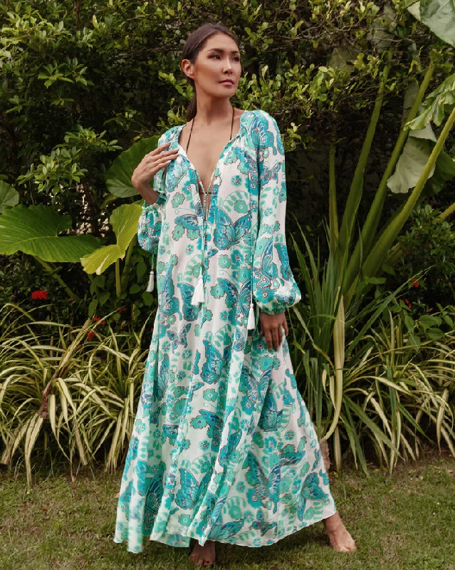 Flash Deals Calista Printed Crepe de Chine Silk Maxi Dress - Turquoise Butterfly