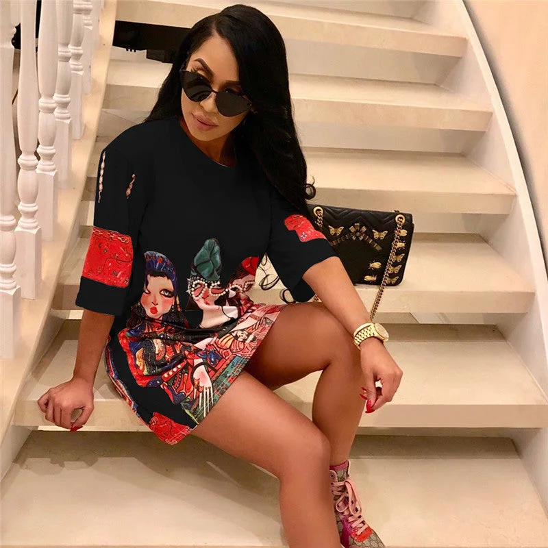 Price Fest New Summer Short Sleeve T Shirt Dress Women Fashion Cartoon Print Hip Hop Loose Mini Dress Ladies Casual Shift Dresses Plus Size