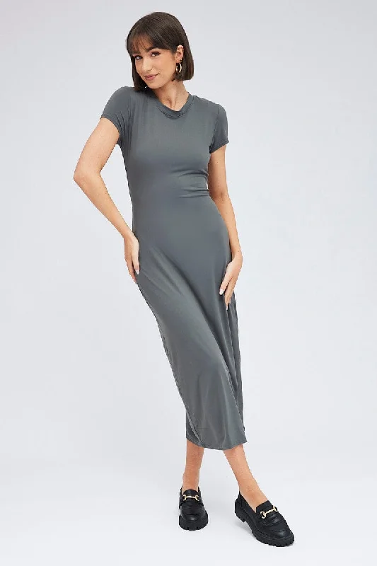 Clearance Sale Grey Maxi Dress Short Sleeve Bodycon SuperSoft