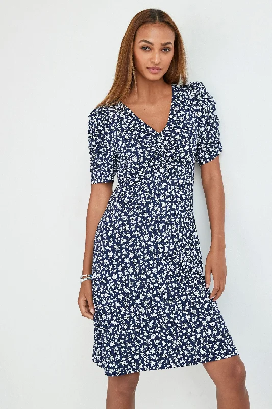 Extra Savings Navy Blue Ditsy Floral Short Sleeve Tea Dress