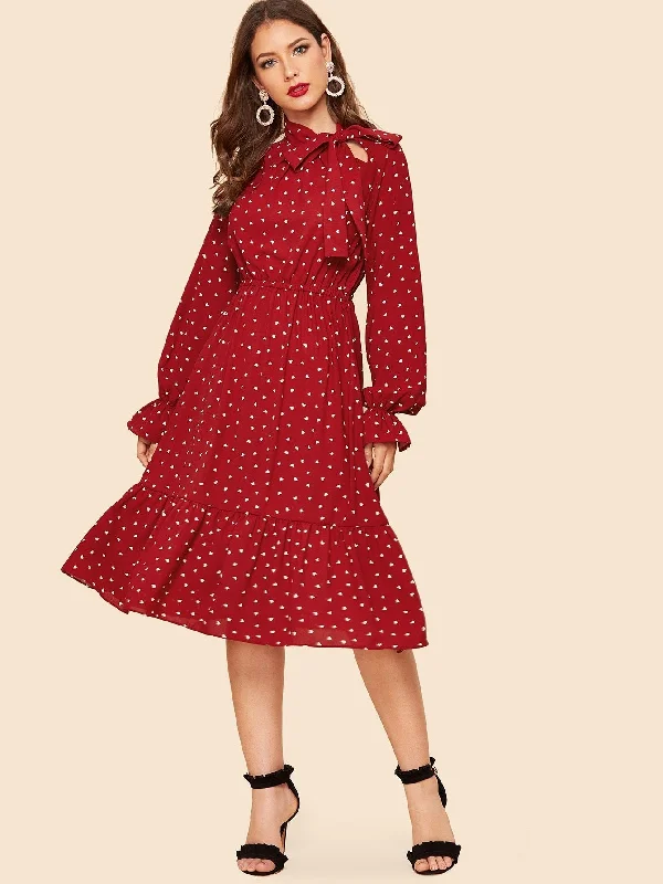 The Best Prices 70s Tie Neck Allover Heart Print Ruffle Dress