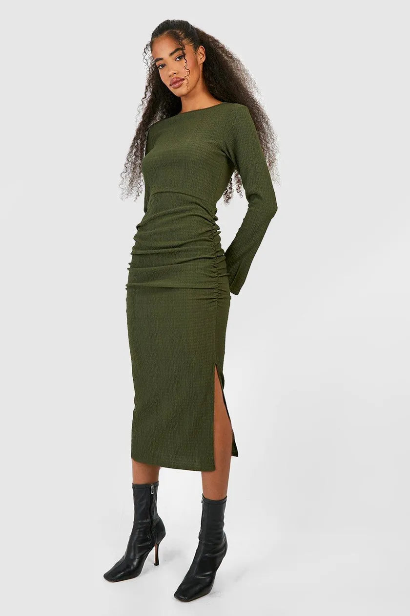 Extra Savings Khaki Textured Rouched Midaxi Dress
