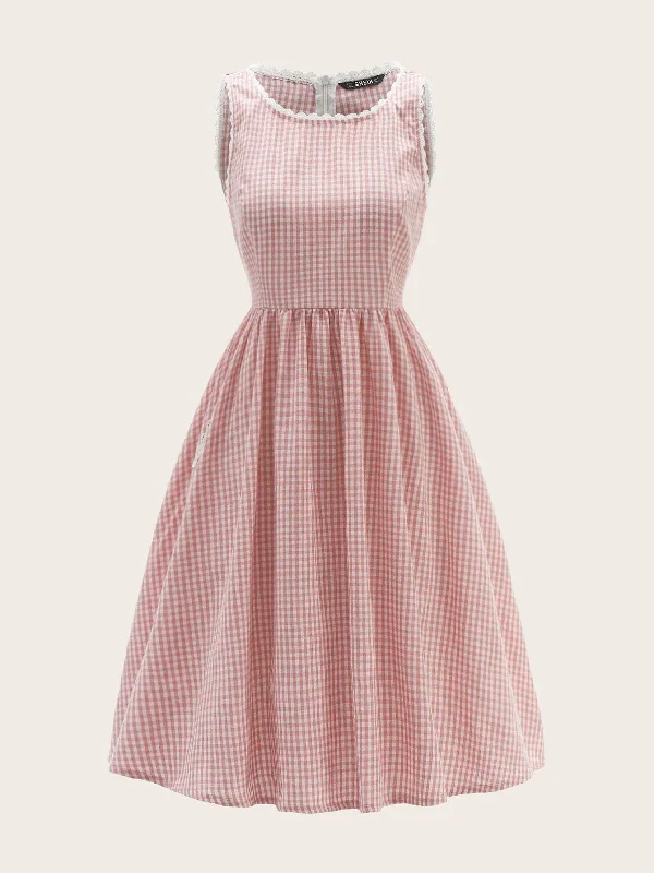 Quick Sale Contrast Lace Trim Gingham Fit & Flare Dress