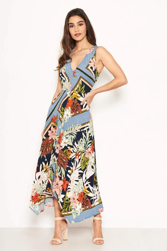 Don't Wait Navy V-Neck Tropical Maxi Dress