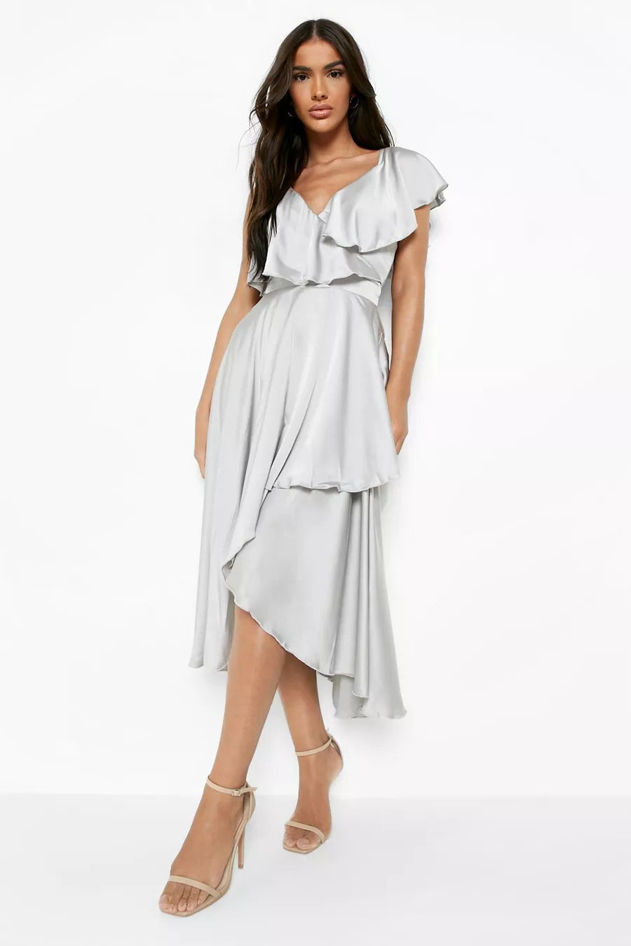 Best Deals Satin Ruffle Wrap Midi Dress