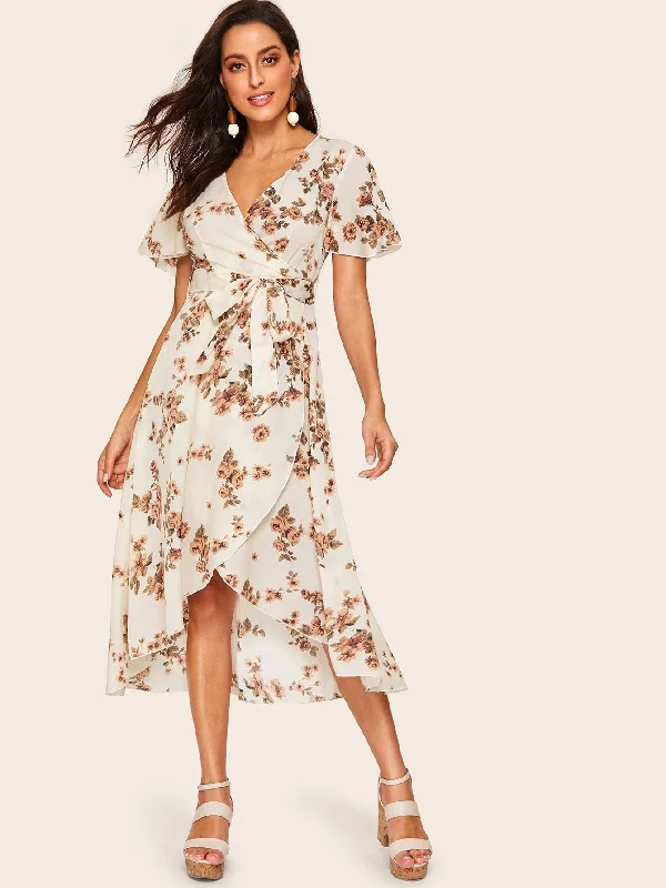 Unbeatable Prices 70s Flutter Sleeve Botanical Overlap Dress