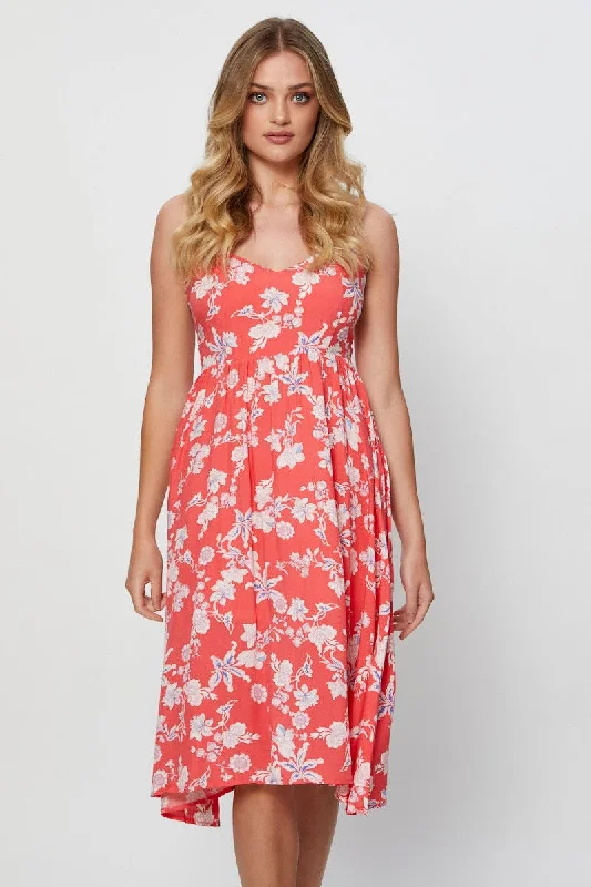 Closeout Print Midi Dress Sleeveless Square Neck