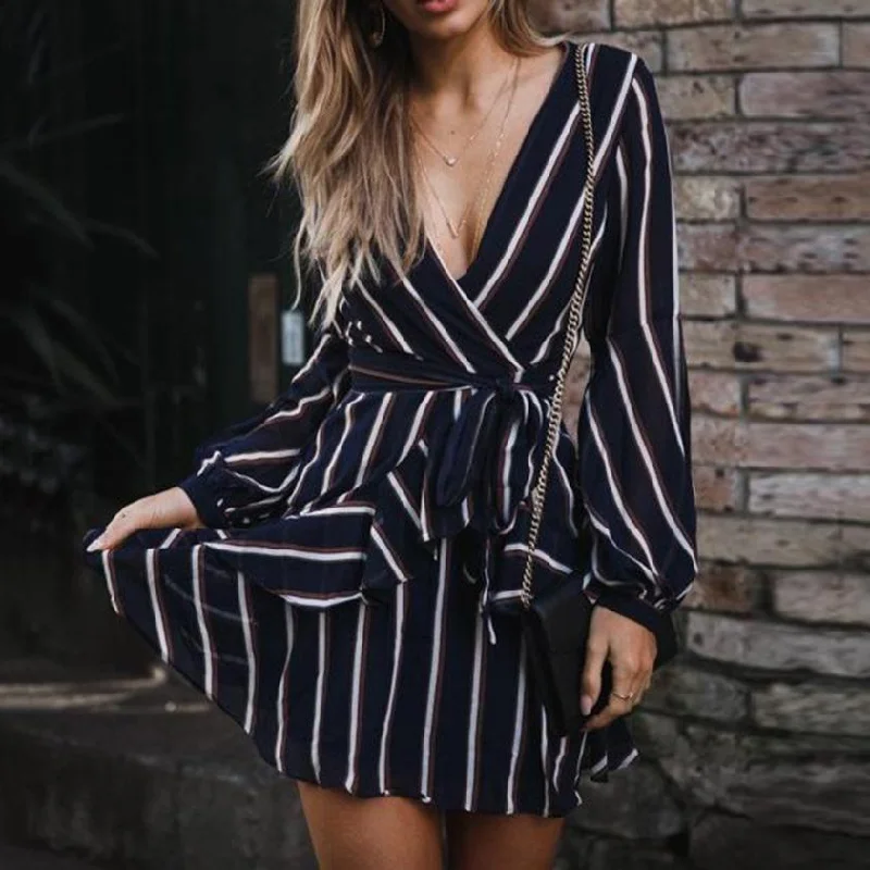 Today's Special KANCOOLD Dress Women's Fashion Lantern Sleeve Casual Striped V-Neck Dress Casual Ruffle Mini Party Dress women 2018AUG9