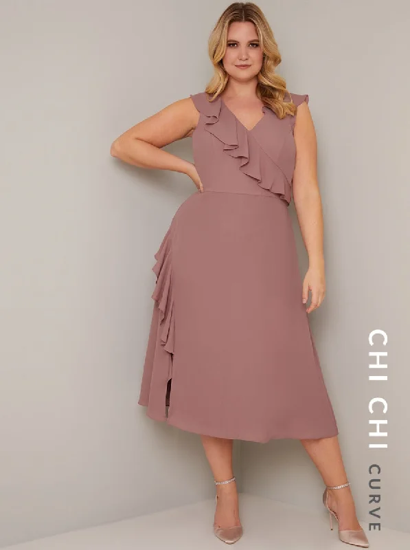Price Fest Frill Detail Midi Dress Pink