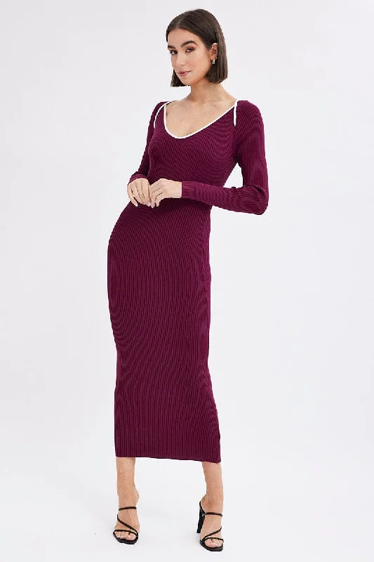 Special Price Purple Midi Dress Long Sleeve Sweetheart Contrast Bind