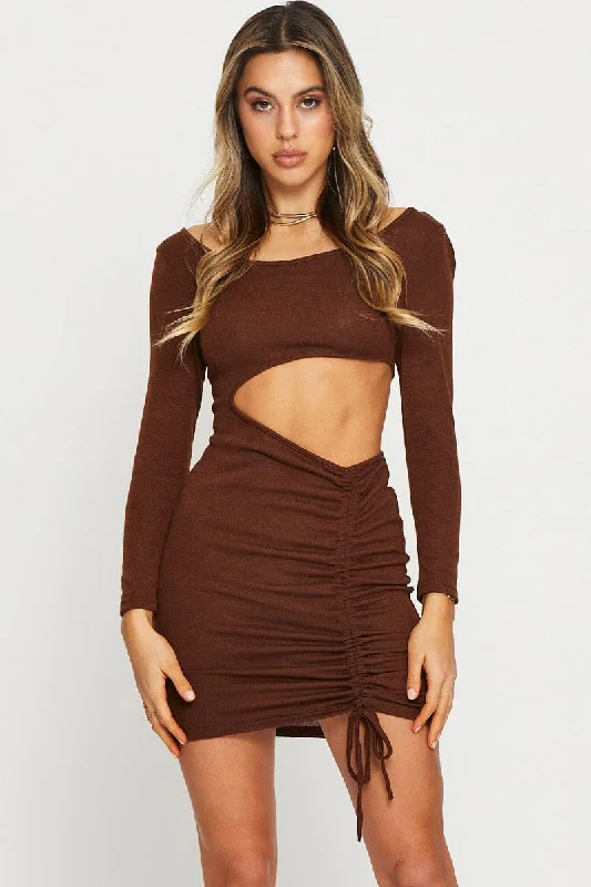 Seasonal Sale Brown Midi Dress Long Sleeve