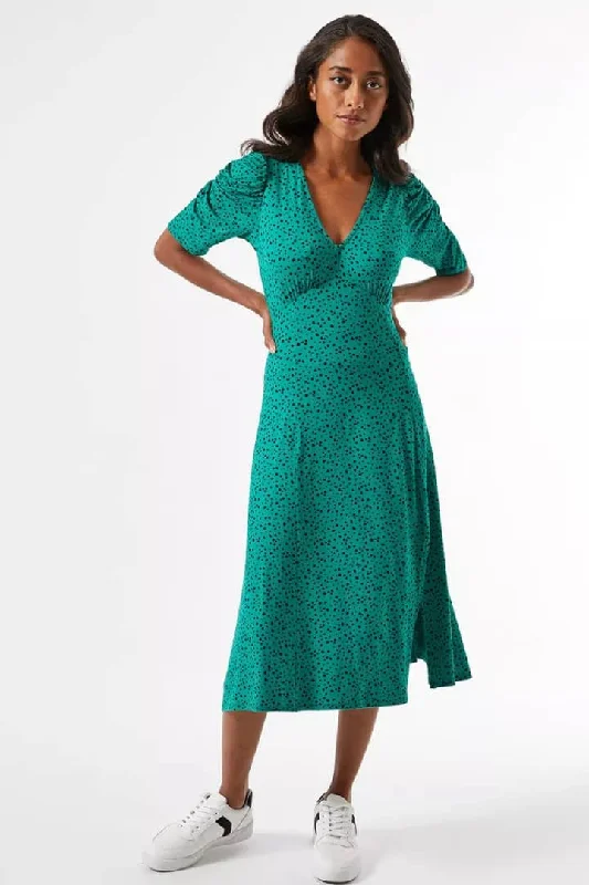 Year-End Sale Ruched Sleeve Front Slit Midi Dress