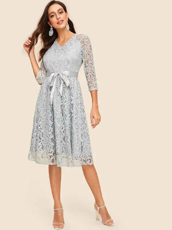 Savings Event 50s Ribbon Tie Waist Lace Overlay Dress