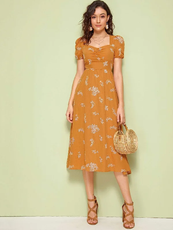 Year-End Clearance Floral Print Ruched Front Flare Dress