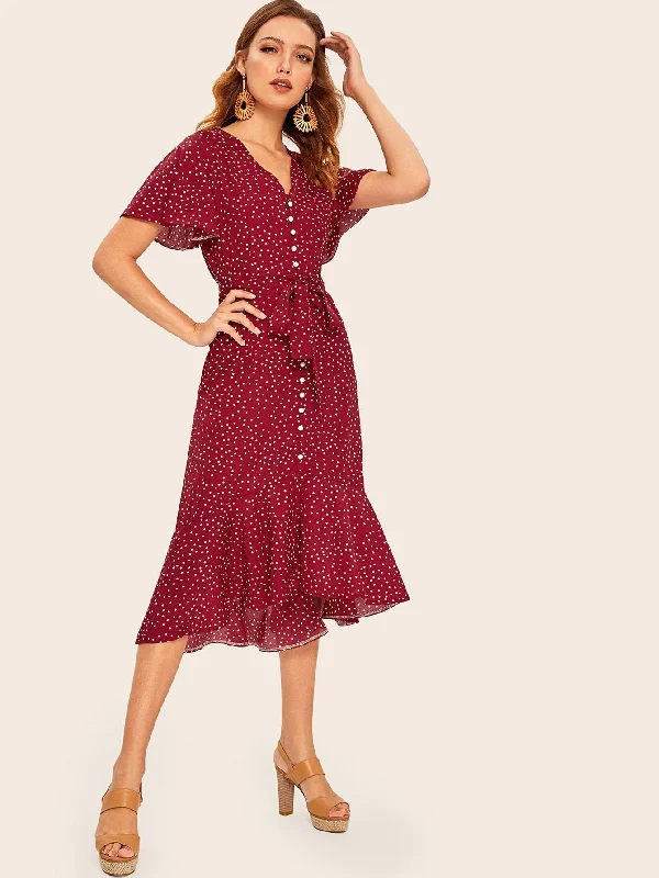 Price Reduction Ruffle Hem Polka Dot Belted Tea Dress