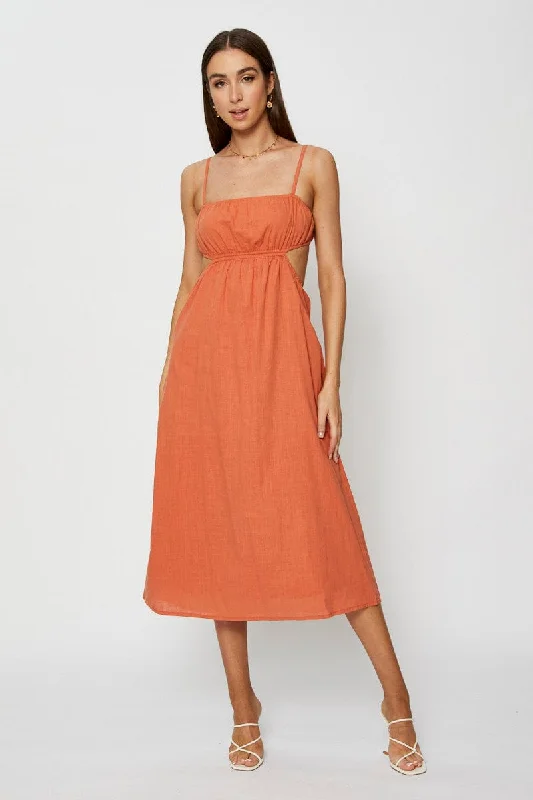 Time-Limited Offer Brown Midi Dress Sleeveless