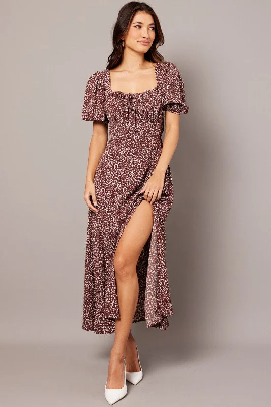 Best Seller Brown Ditsy Midi Dress Puff Sleeve Midi