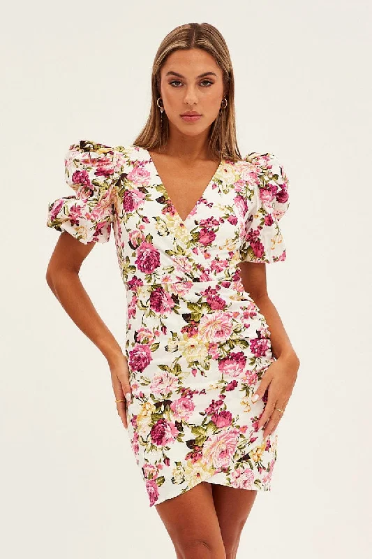 Instant Savings White Floral Mini Dress Puff Sleeve V-Neck