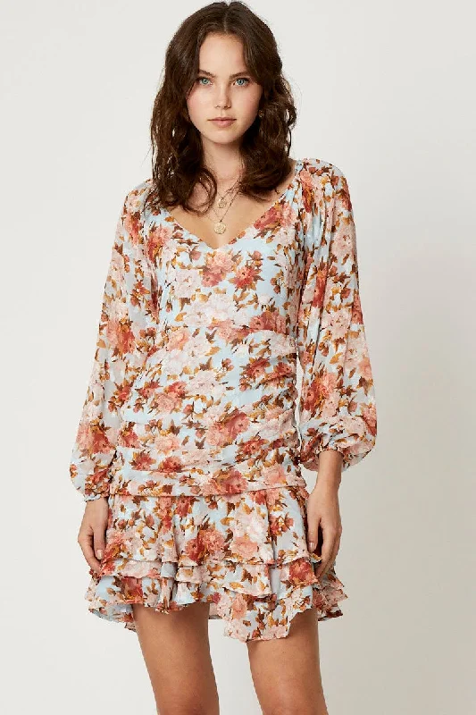 Mega Sale Print Long Sleeve Pleat Detail Skater Dress