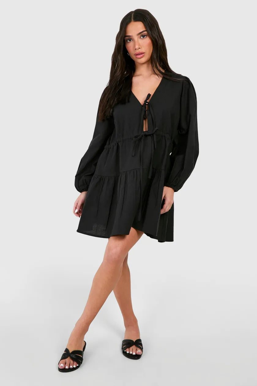Epic Deals Petite Linen Look Tie Detail Mini Dress Black