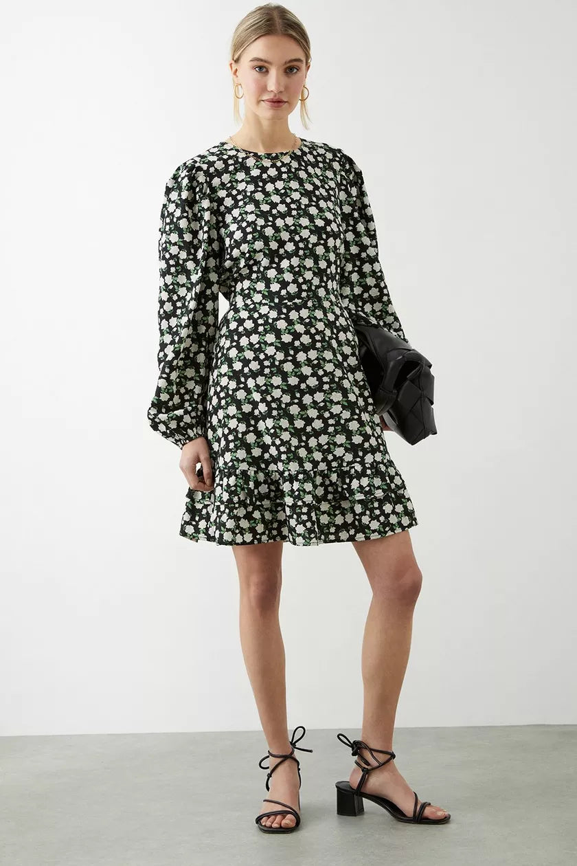 Holiday Sale Mono Ditsy Ruffle Hem Dress