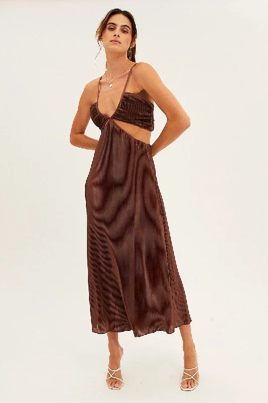 Huge Discounts Brown Plisse Midi Dress Tie Back