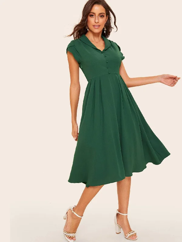 Act Fast 50s Single Breasted Petal Sleeve Pleated Dress