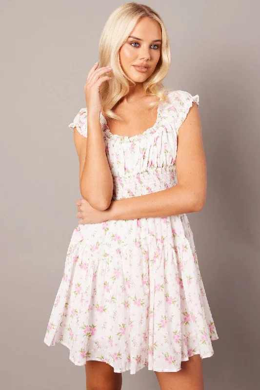 Friends and Family Sale White Floral Fit And Flare Dress Puff Sleeve