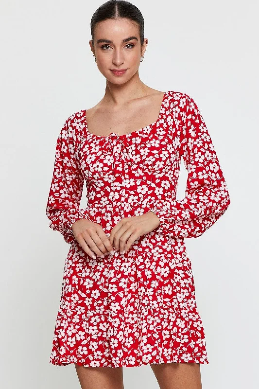 Limited Stock Print Mini Dress Long Sleeve Square Neck